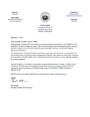 Principal Letter Dated 8/24/21 - Positive COVID result